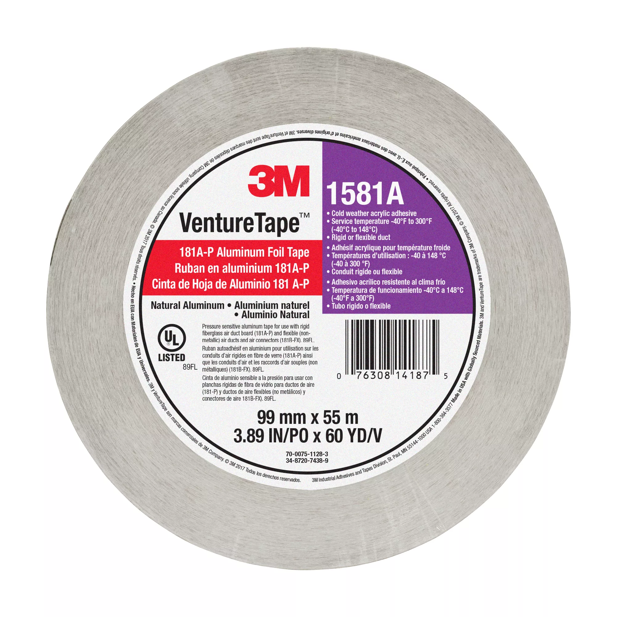 SKU 7100043929 | 3M™ Venture Tape™ UL181A-P Aluminum Foil Tape 1581A