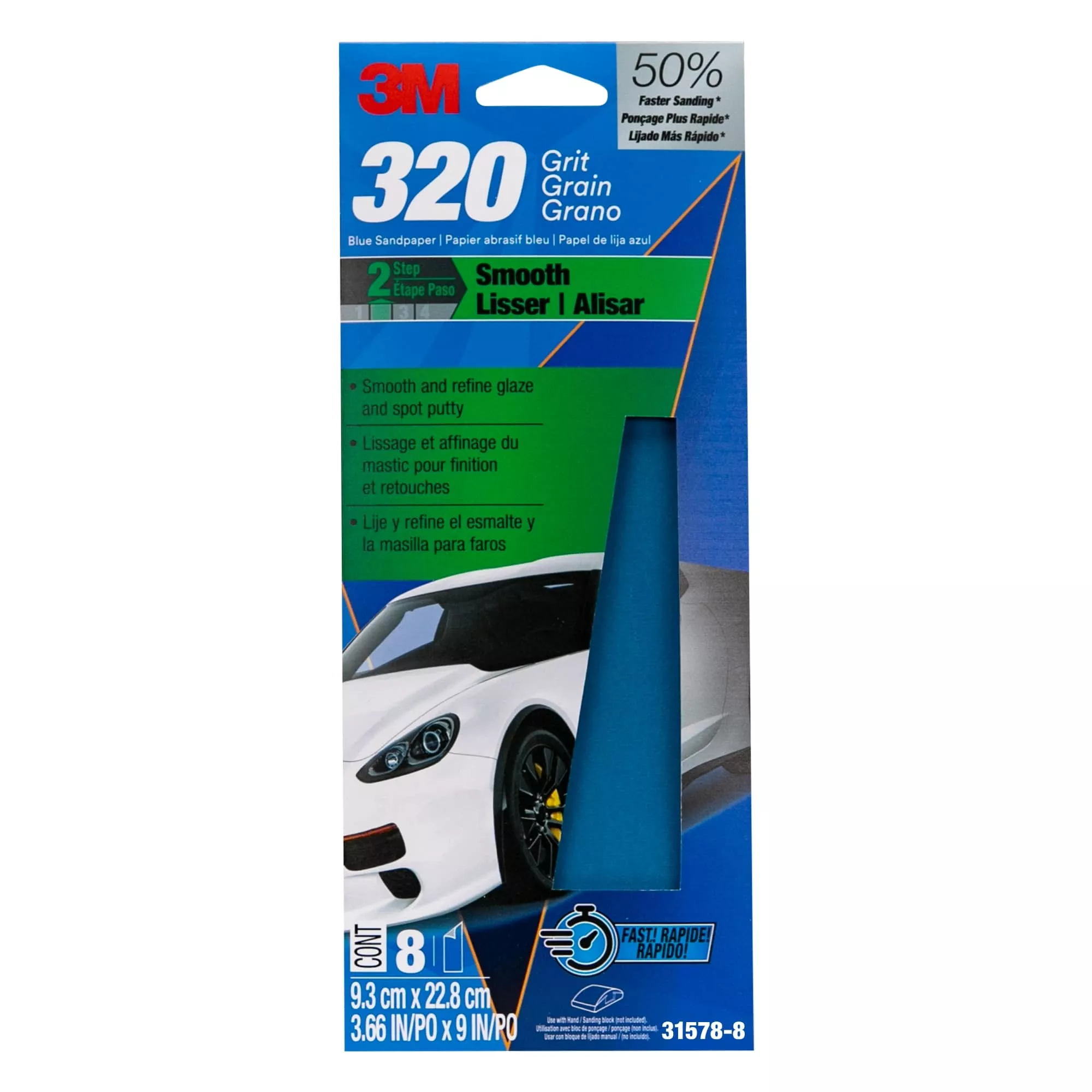 3M™ Blue Sandpaper 31578-8, 3 2/3 in X 9 in, 320 G, 8 Sheet/Pack, 20 Pack/Case