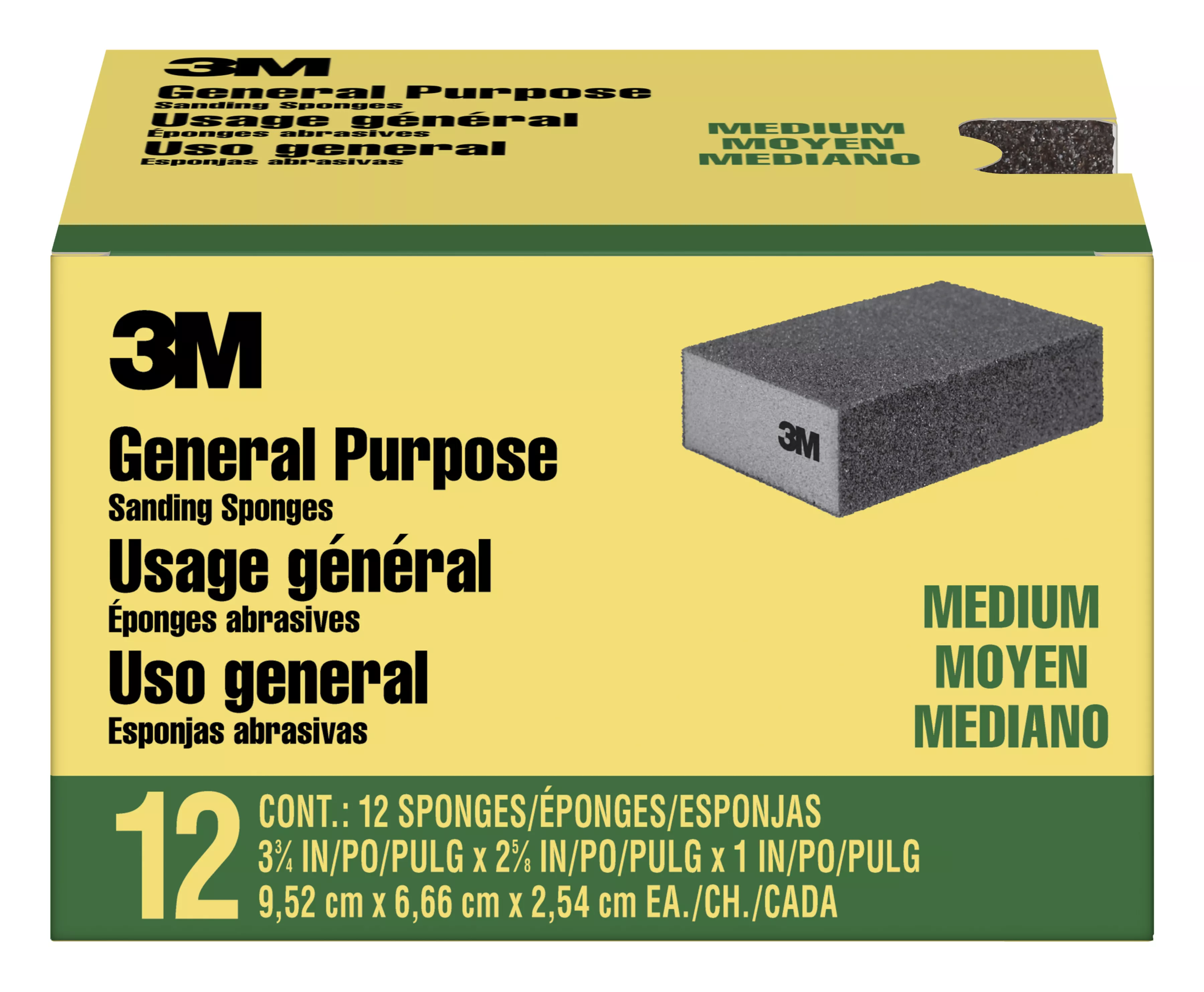 3M™ General Purpose Sanding Sponge CP002-12P, Block, 3 3/4 in x 2 5/8 in x 1 in, Medium, 12/pk, 4 pks/cs