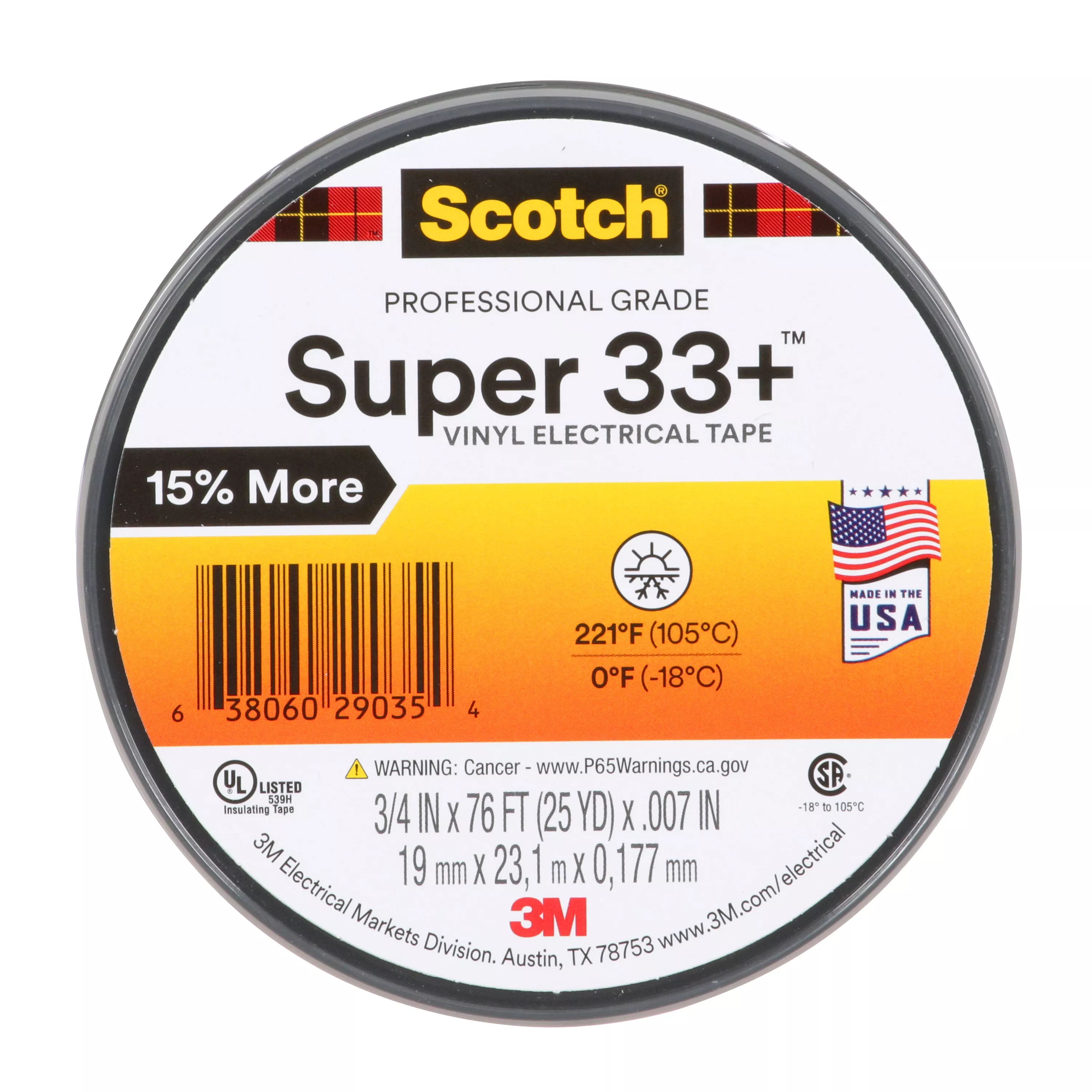 Scotch® Super 33+ Vinyl Electrical Tape, 3/4 in x 76 ft, 1 in Core, Black, 10 rolls/carton, 100 rolls/Case