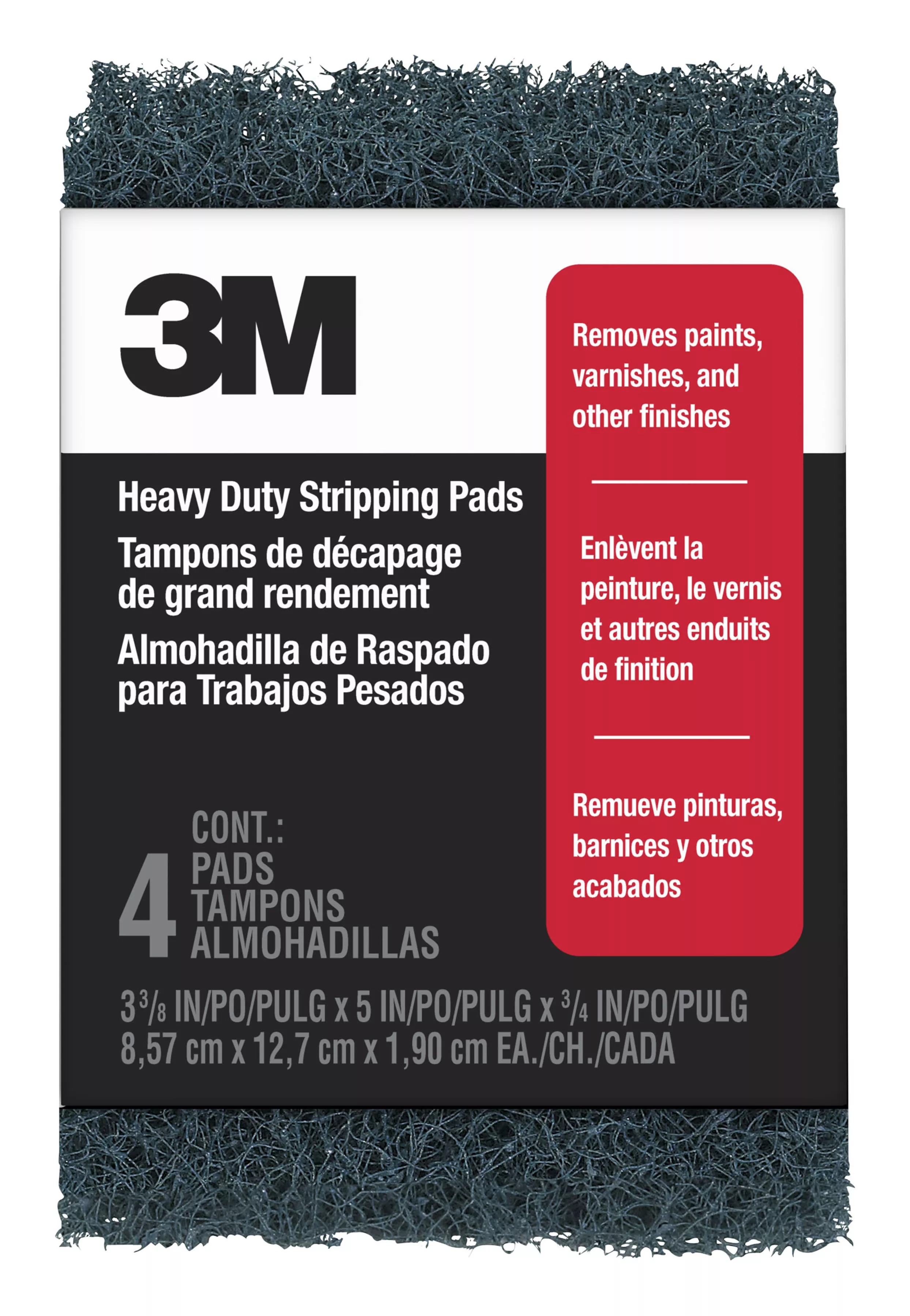 3M™ Heavy Duty Stripping Pads 10111NA4PK, 3 3/8 in x 5 in x 3/4 in, Replaces 3 Steel Wool, 4 pads/pk, 4 pks/cs