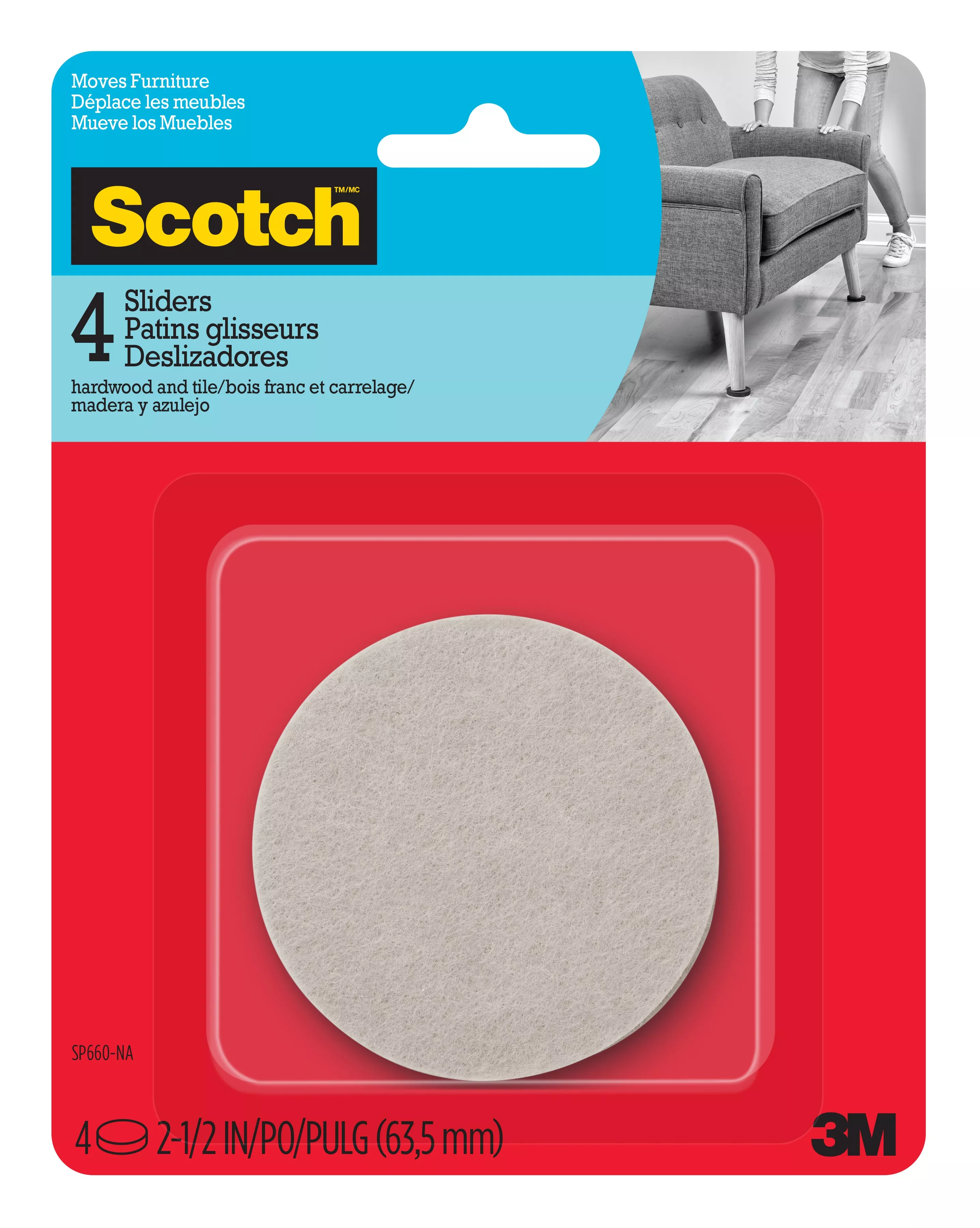 Scotch™ Felt Furniture Movers SP660-NA, Adhesive 2.5in 4pk