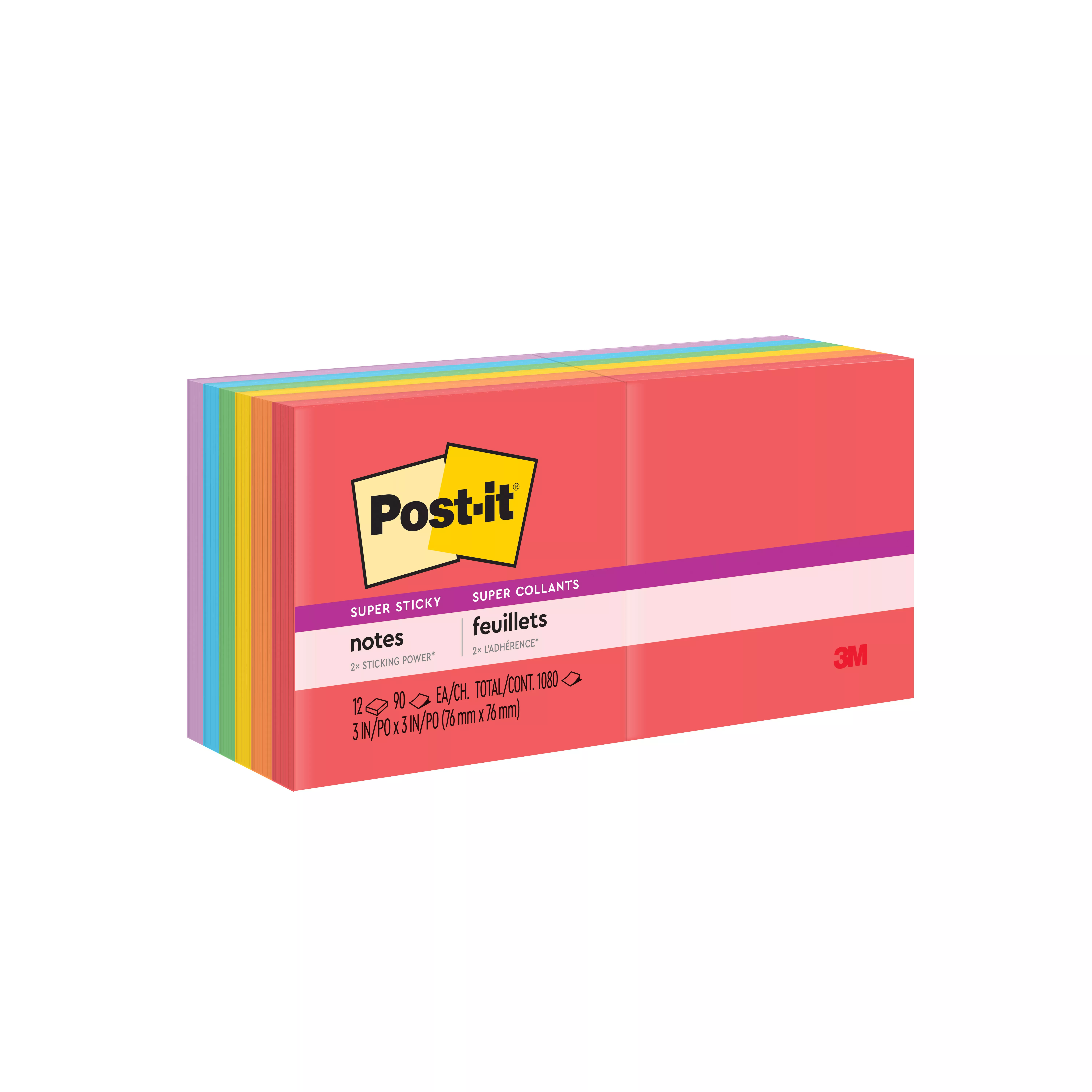 Post-it® Super Sticky Notes 654-12SSAN, 3 in x 3 in (76 mm x 76 mm), Playful Primaries Collection