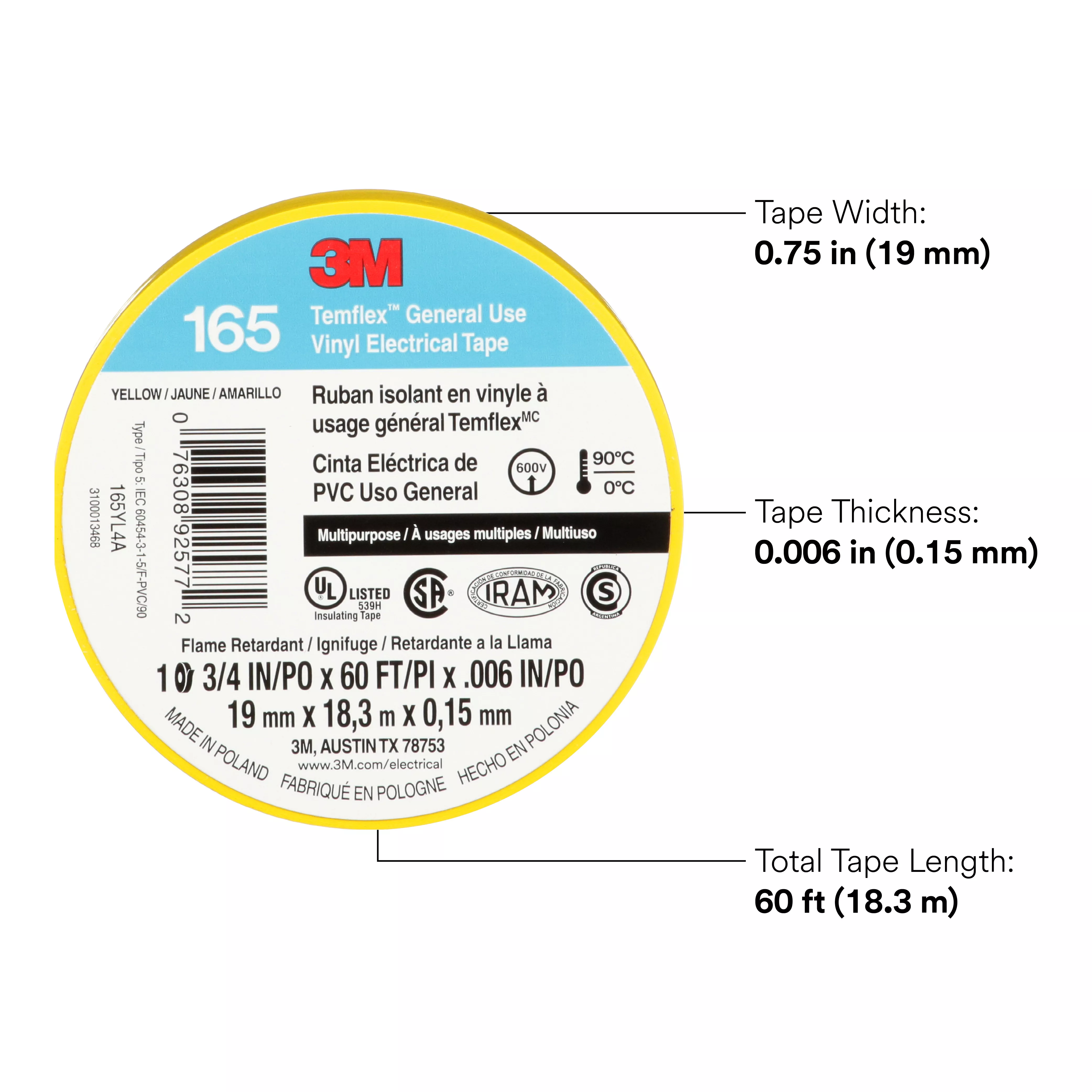 SKU 7100169490 | 3M™ Temflex™ Vinyl Electrical Tape 165