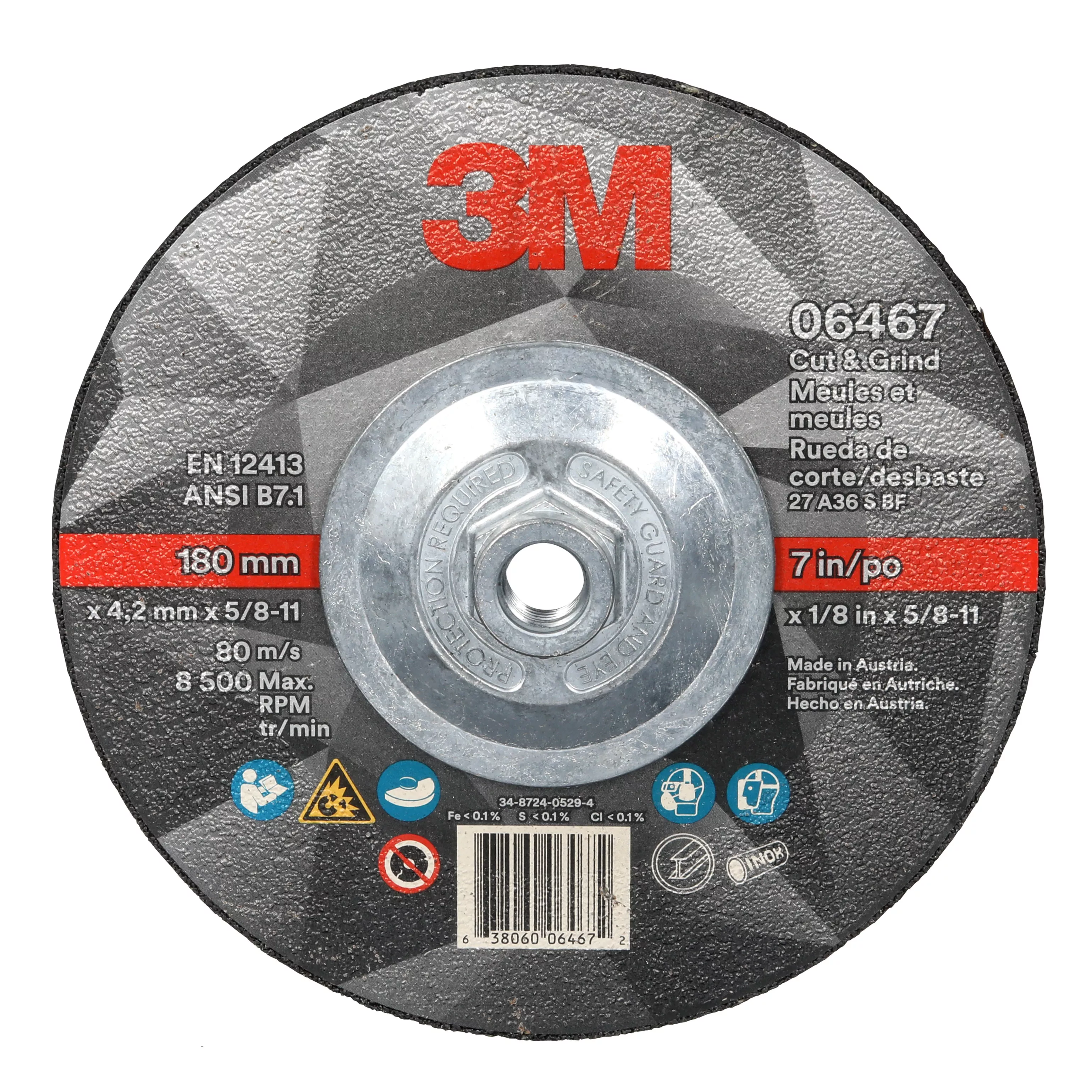 3M™ Cut & Grind Wheel, 06467, 36+, T27 Quick Change, 7 in x 1/8 in x 5/8 in-11, 10/Carton, 20 ea/Case