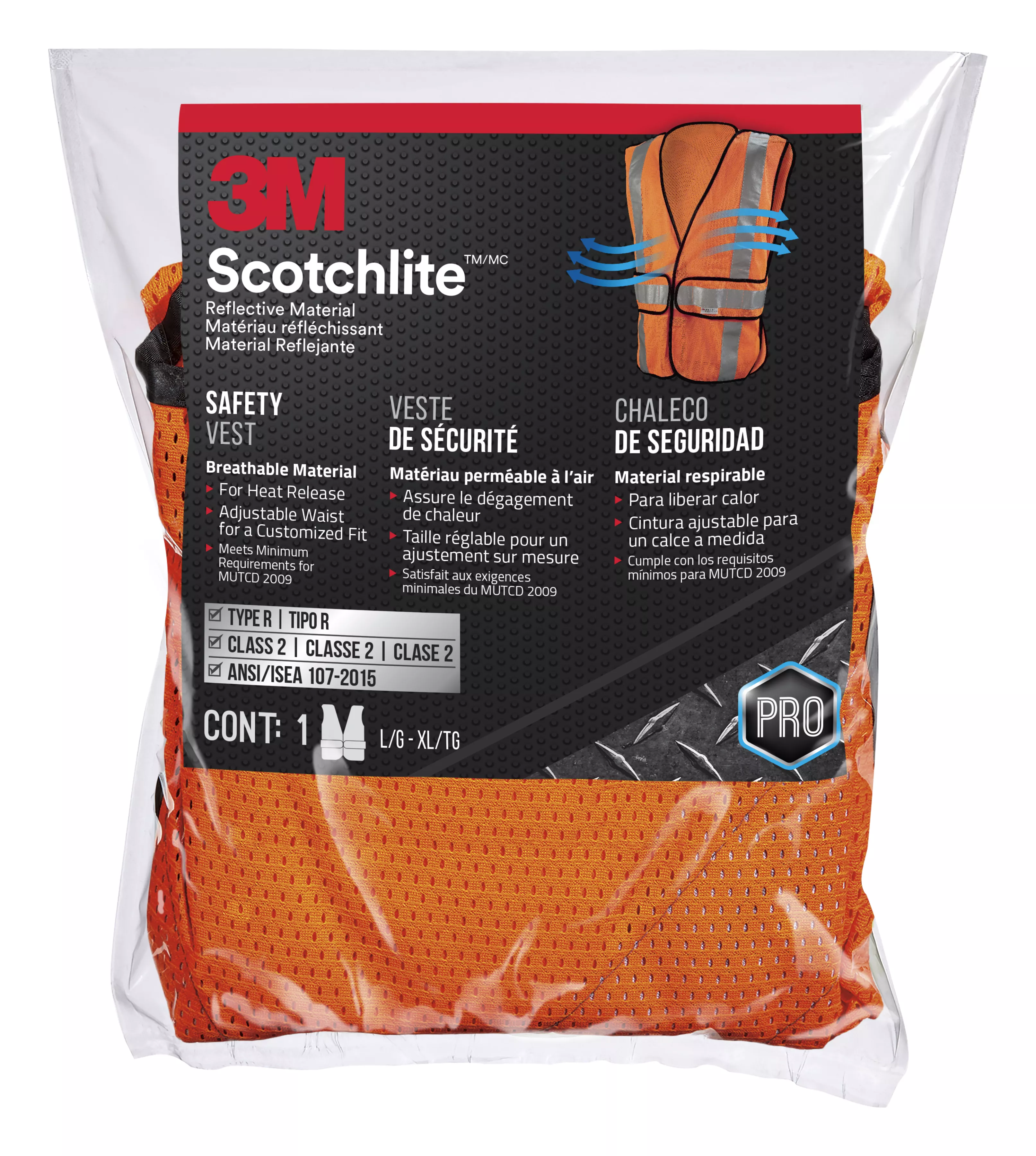 3M™ Reflective Construction Safety Vest with 5 Point Tear Away, Class 2, Hi-Viz Orange, 94625-80030-PS, 5/cs